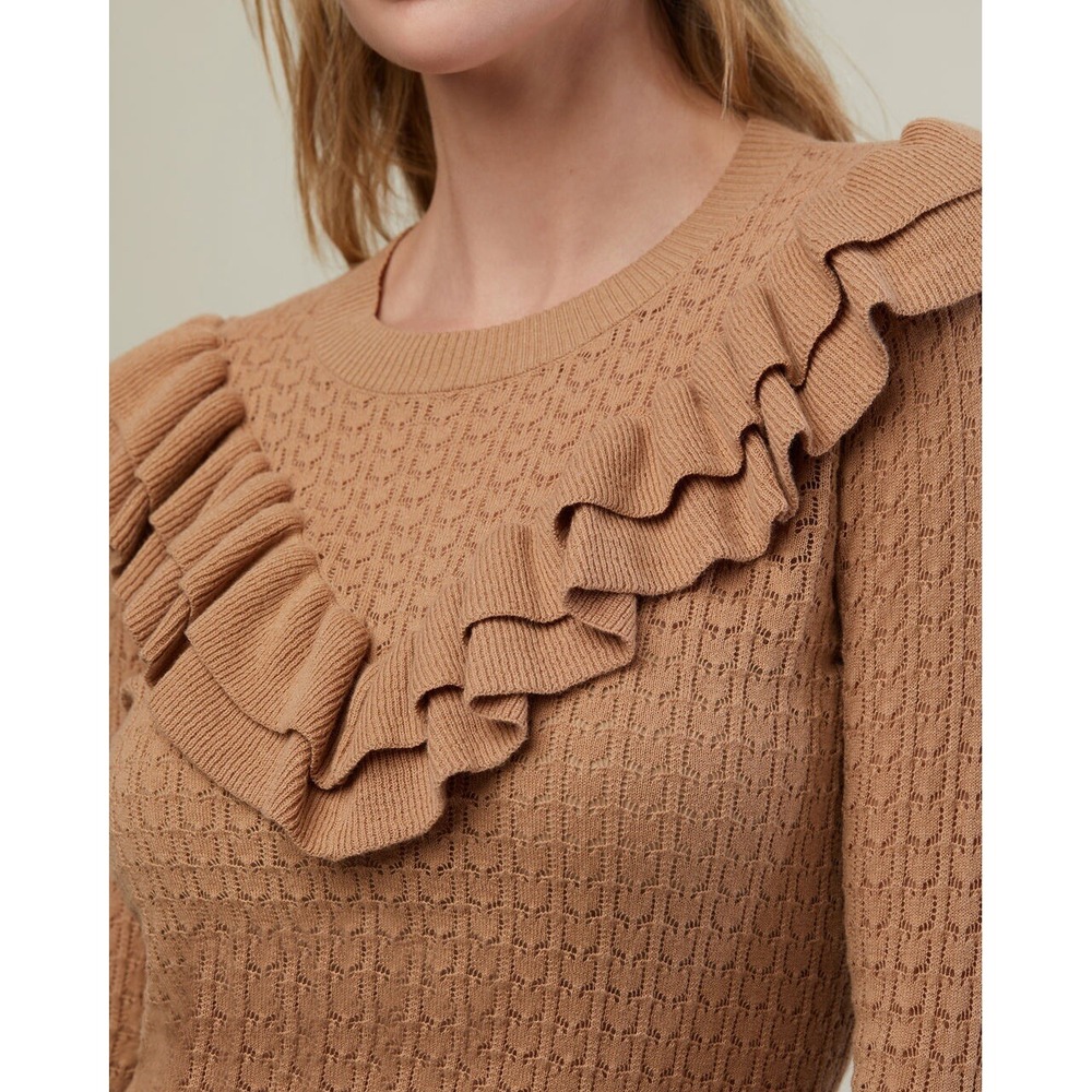 Rachel Parcell Pointelle Ruffle Sweater Womens Small‎ Feminine Cottagecore Brown